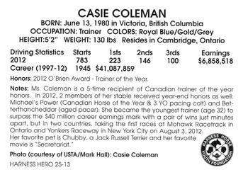 2013 Harness Heroes #25 Casie Coleman Back